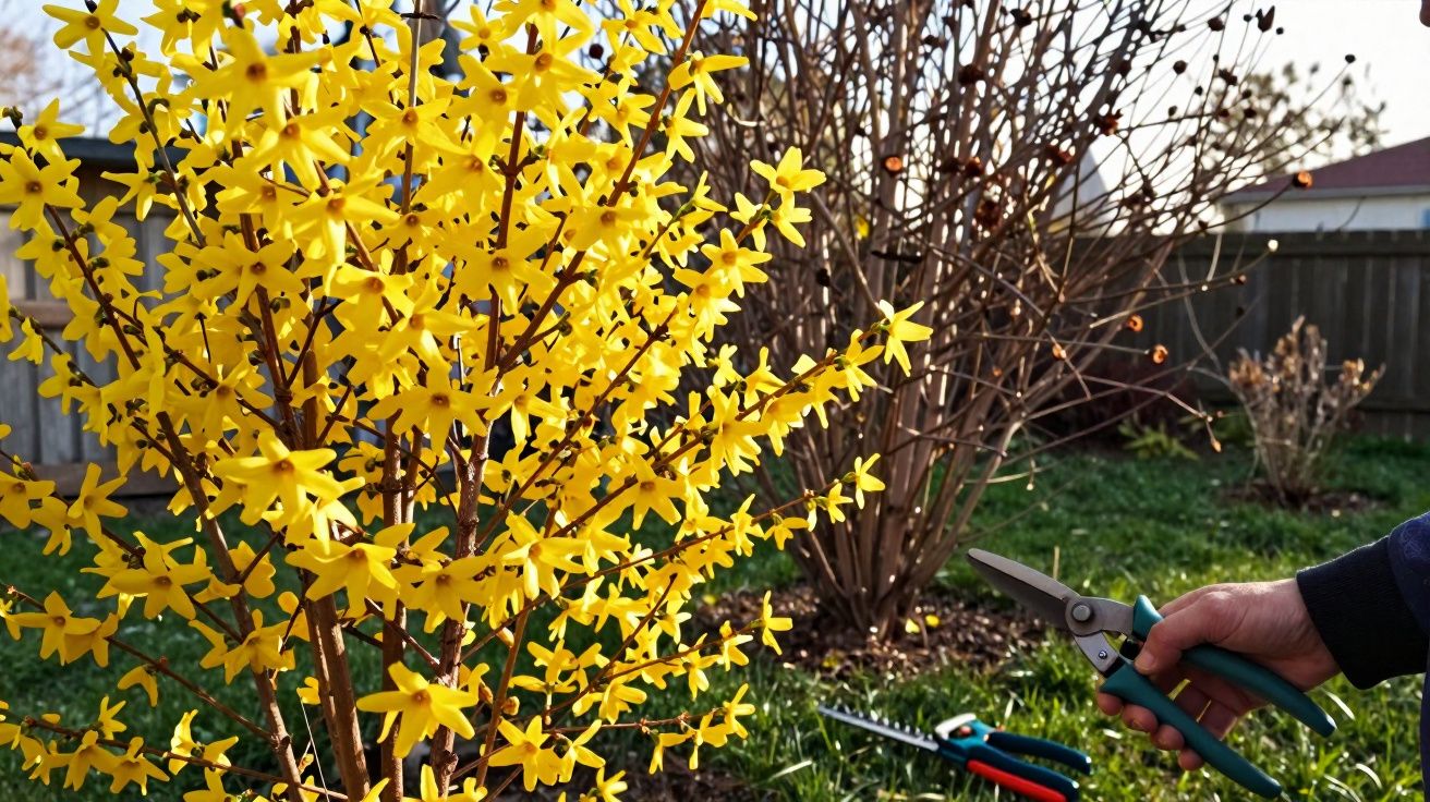 Ramo de flores amarelas brilhosas numa planta no jardim, com mão segurando tesoura de poda.