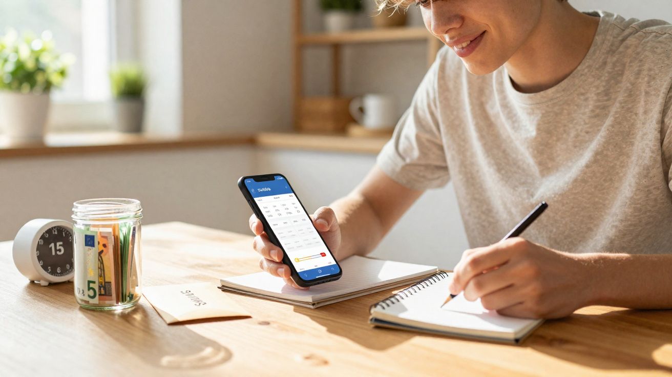 Pessoa a fazer anotações numa agenda enquanto consulta uma aplicação financeira num telemóvel.