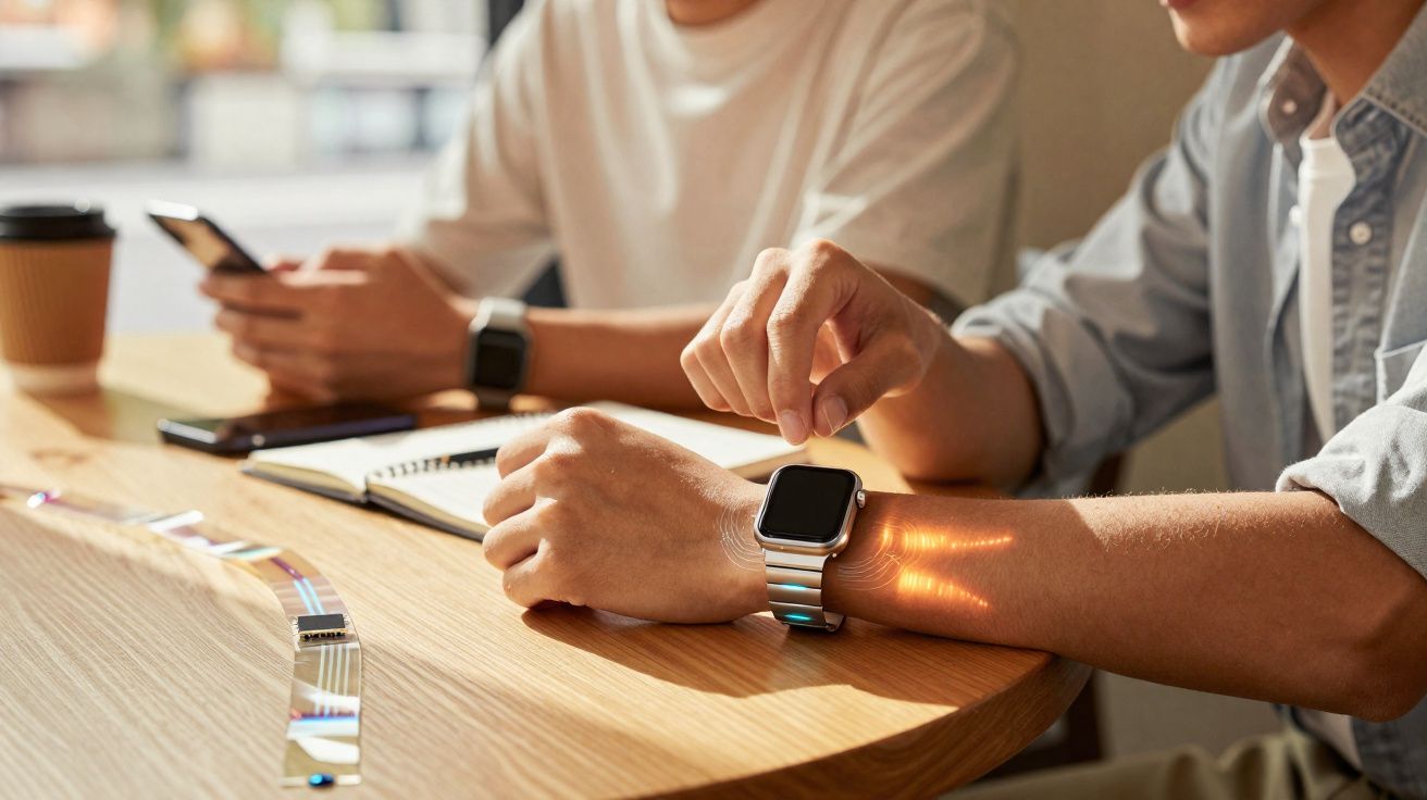 Pessoa a interagir com smartwatch enquanto outra usa smartphone num ambiente de trabalho informal.