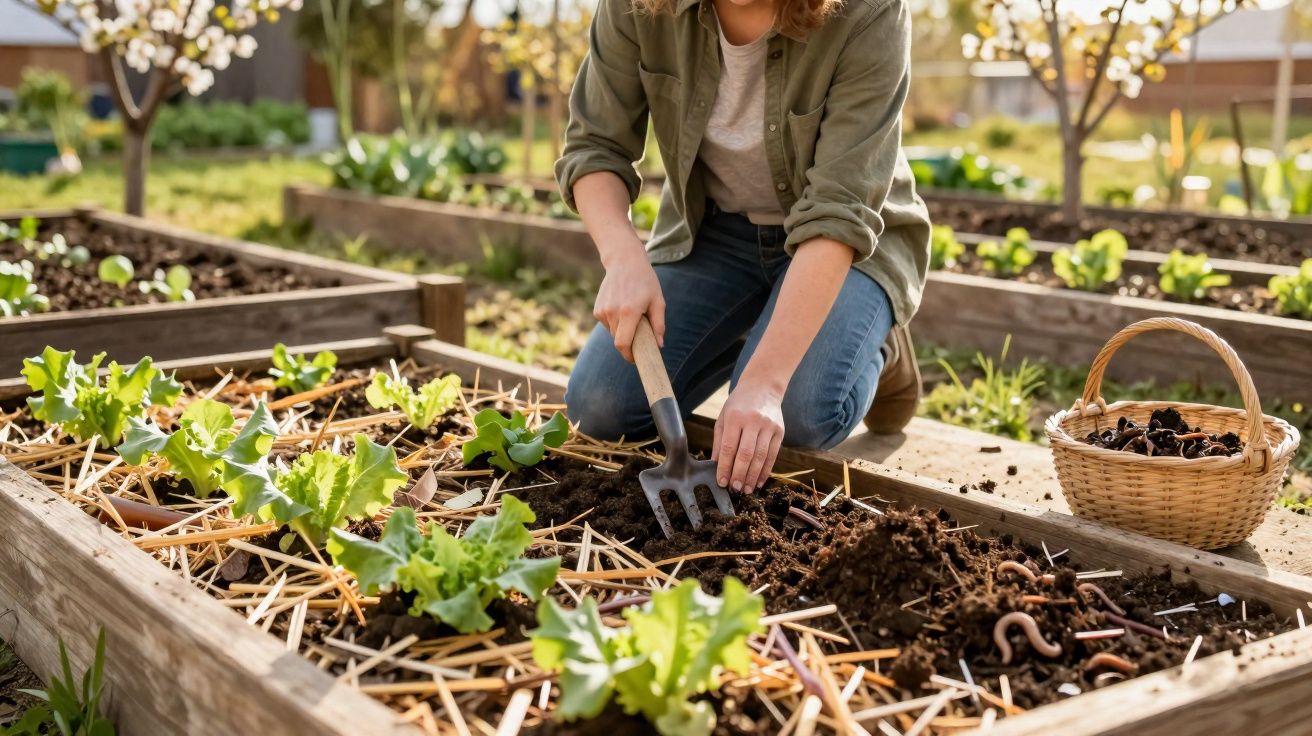 Pessoa a cultivar alface numa horta urbana com canteiros de madeira e cesta com resíduos orgânicos ao lado.