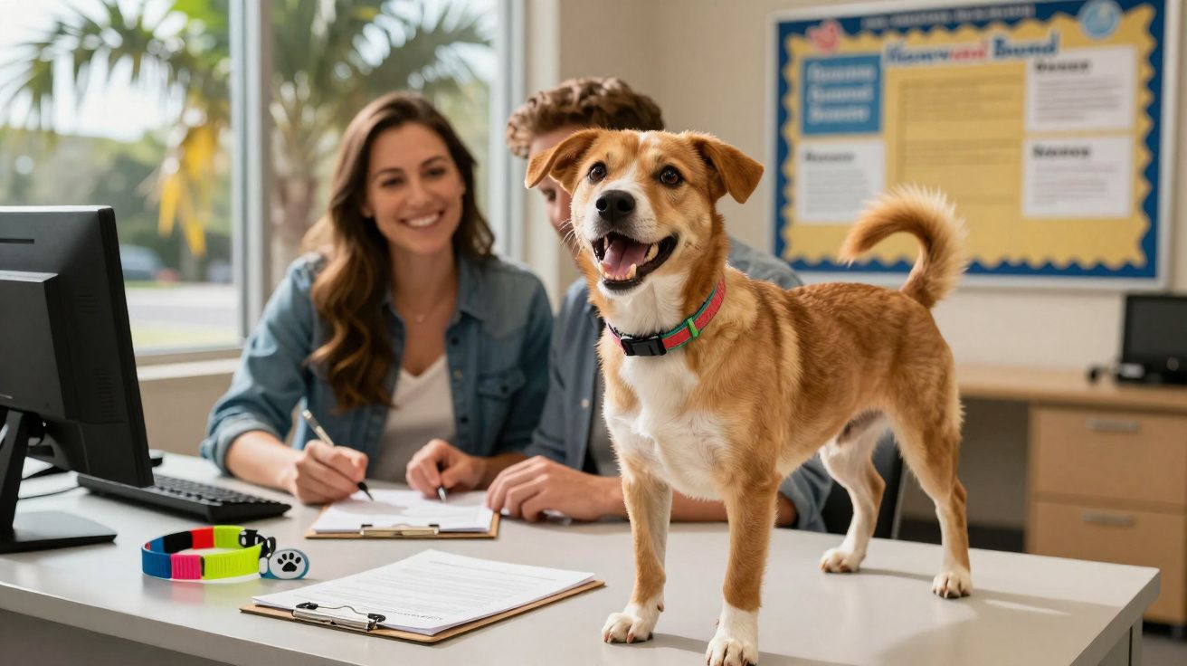 Cão castanho e branco de pé numa secretária com duas pessoas sorridentes ao fundo num escritório.