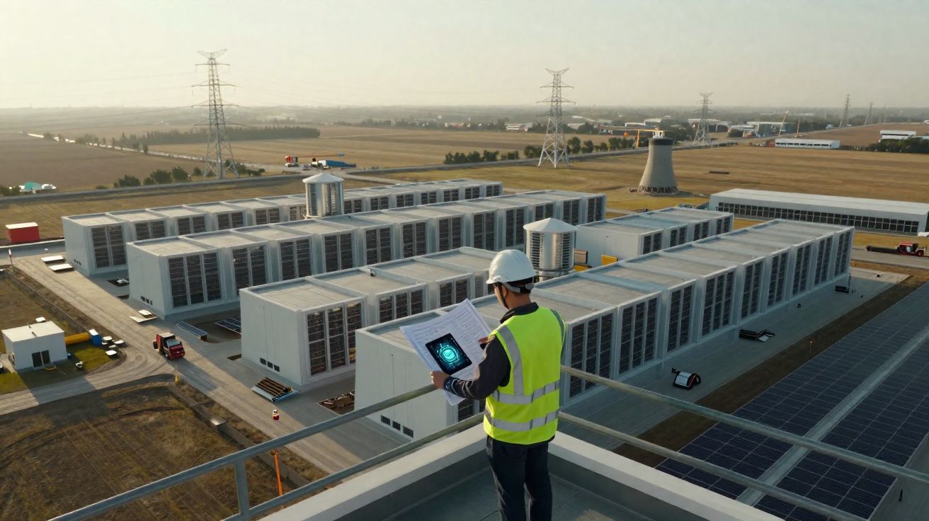 Engenheiro com capacete e colete refletor verifica dados num servidor de centro de dados ao ar livre.