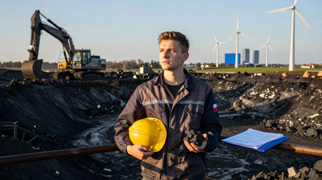 Homem com fato de trabalho segura capacete amarelo e carvão numa mina com turbinas eólicas ao fundo.