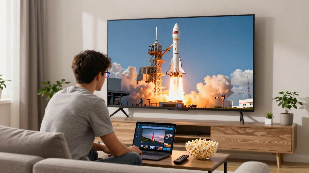 Rapaz a assistir ao lançamento de um foguetão na televisão, sentado no sofá com portátil e pipocas.