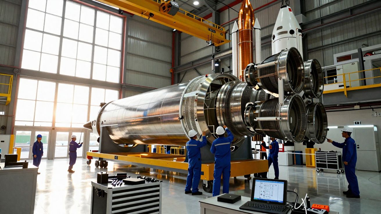 Técnicos em fato azul inspecionam motor de foguetão grande numa oficina industrial moderna.