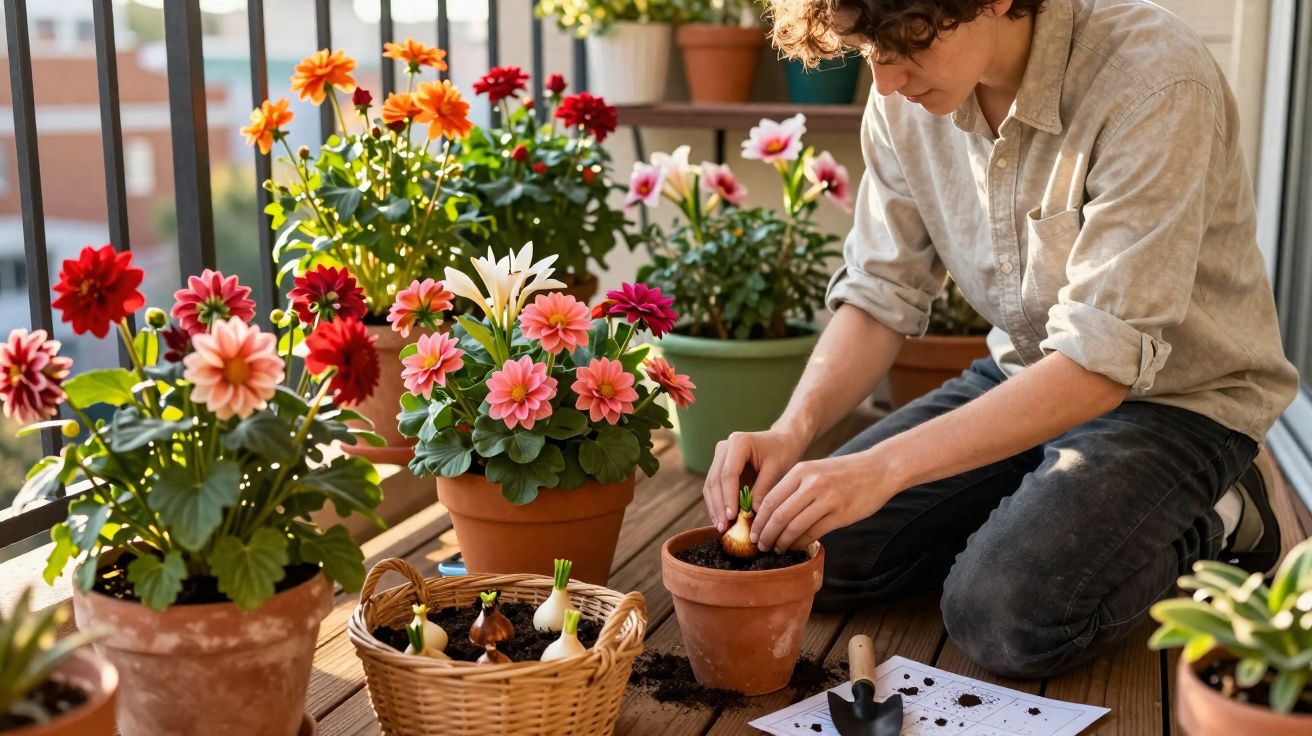 Pessoa a plantar flores coloridas em vasos num terraço ensolarado com várias plantas ao redor.