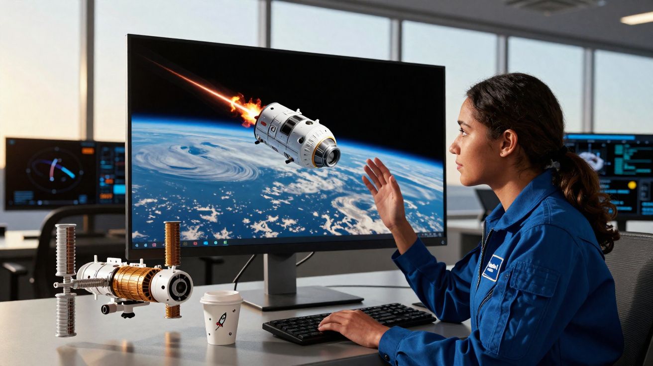 Mulher em fato espacial a controlar simulação de nave em reentrada na Terra num ecrã de computador.