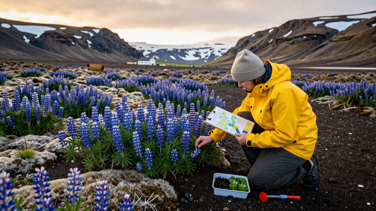 Pessoa de casaco amarelo e gorro cinzento observa flores roxas numa paisagem montanhosa com neve.