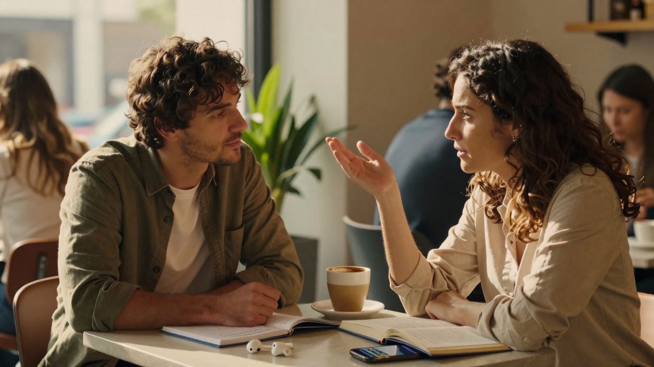 Homem e mulher conversam numa cafeteria, com livros e café sobre a mesa junto à janela iluminada.