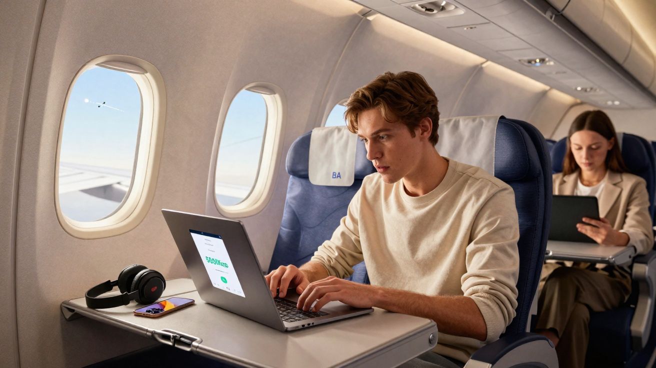 Jovem a trabalhar num portátil em poltrona junto à janela de um avião, com auscultadores e telemóvel na mesa.