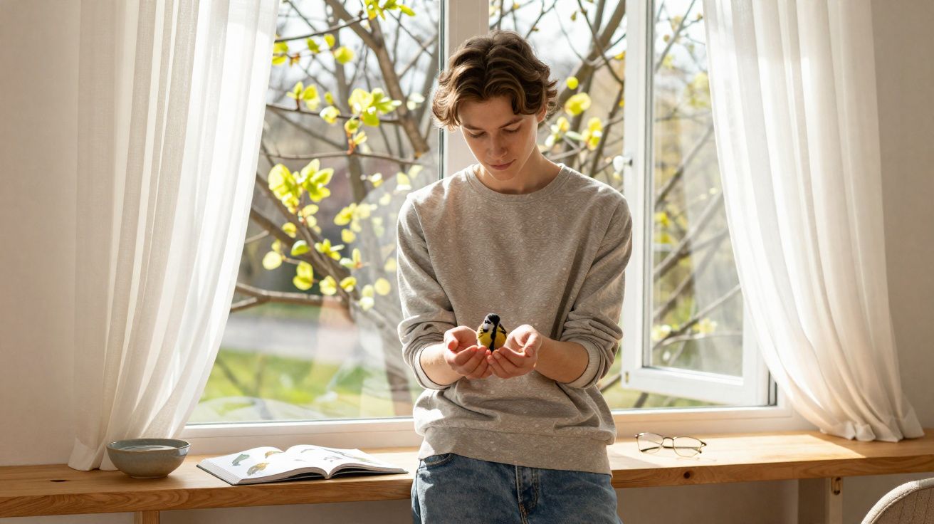 Jovem com camisola cinzenta segura um pássaro amarelo junto a uma janela aberta com luz natural.