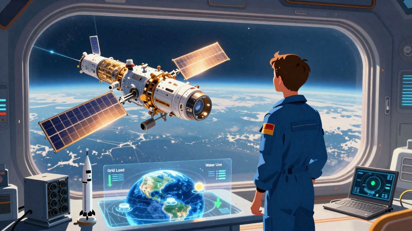 Astronauta observa Estação Espacial Internacional e Terra através da janela da nave espacial.