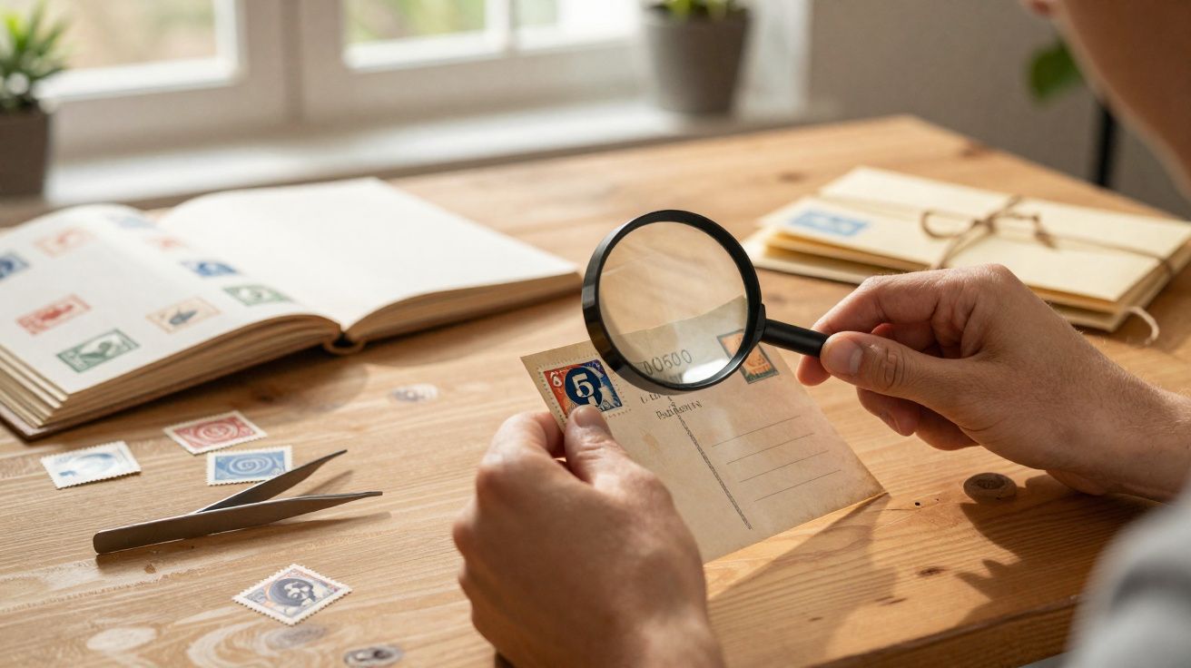 Pessoa a examinar selos num postal antigo com uma lupa, numa mesa de madeira com álbuns e pinças.