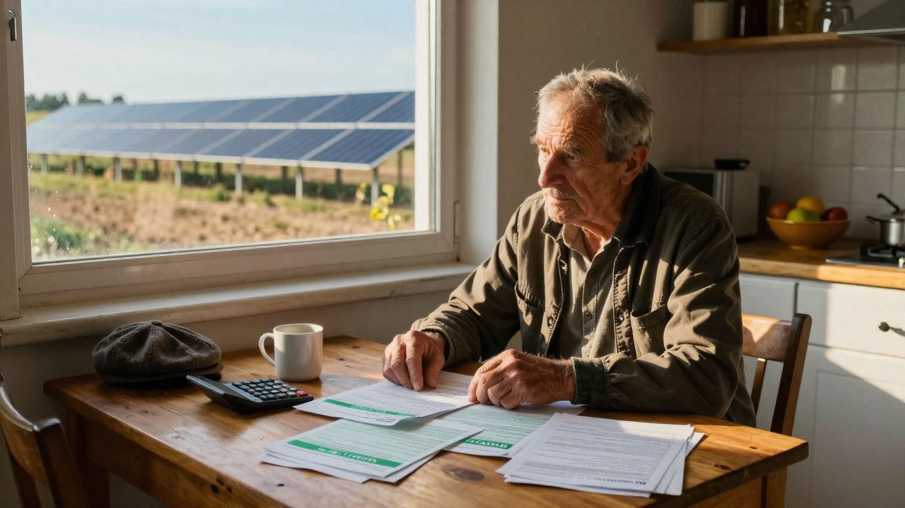 Homem idoso sentado à mesa a analisar contas, com painéis solares visíveis pela janela.