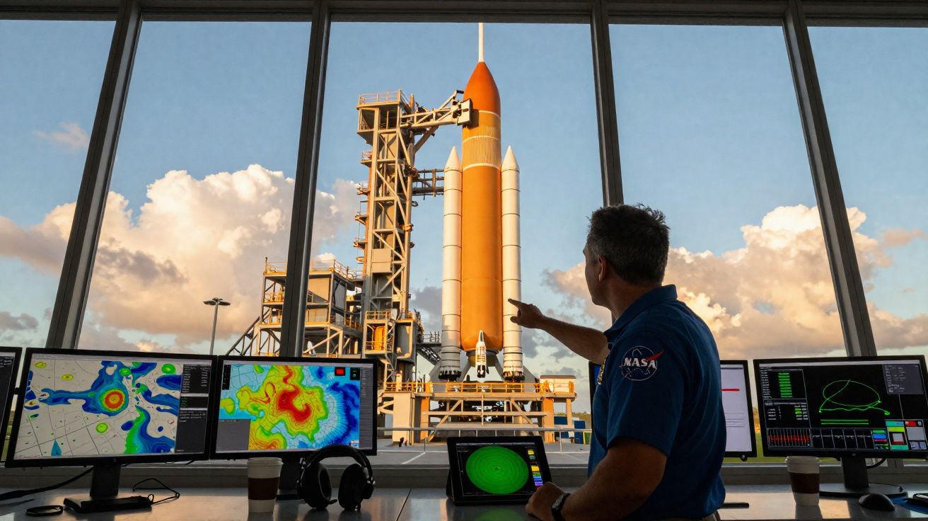 Homem aponta para foguetão na plataforma vista do interior com monitores e equipamentos de controlo.