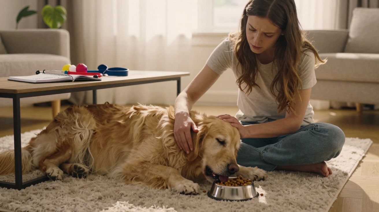 Mulher sentada no chão acaricia cão que come ração num ambiente acolhedor.