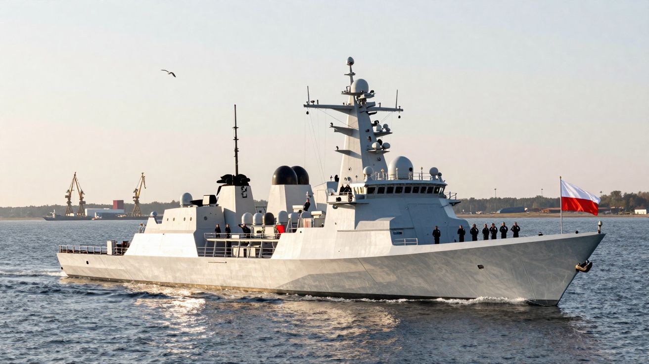 Navio militar moderno cinzento com tripulação na proa e bandeira polaca a navegar em mar calmo.