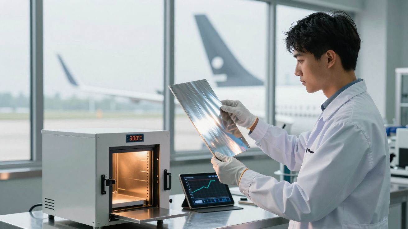 Técnico em laboratório a analisar material metálico perto de forno a 300ºC num aeroporto.
