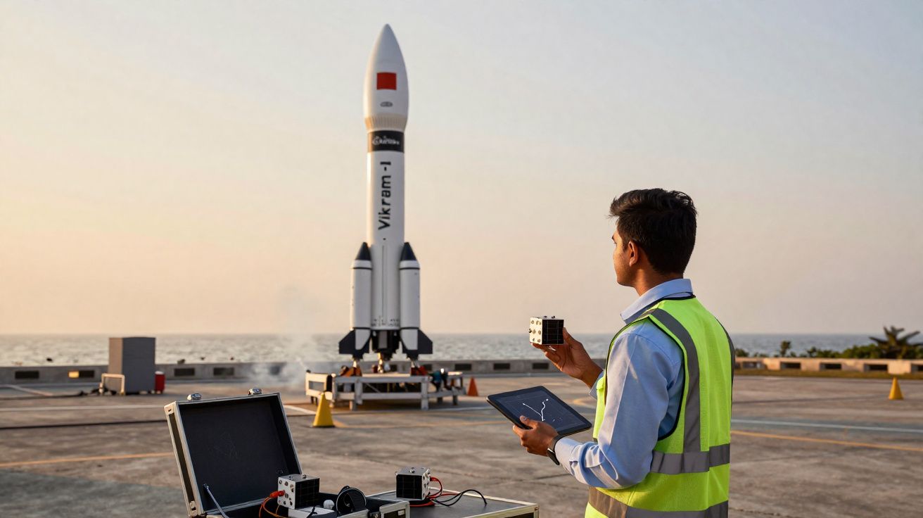 Técnico com colete refletor observa o foguetão Vikram-1 antes do lançamento junto ao mar ao pôr do sol.