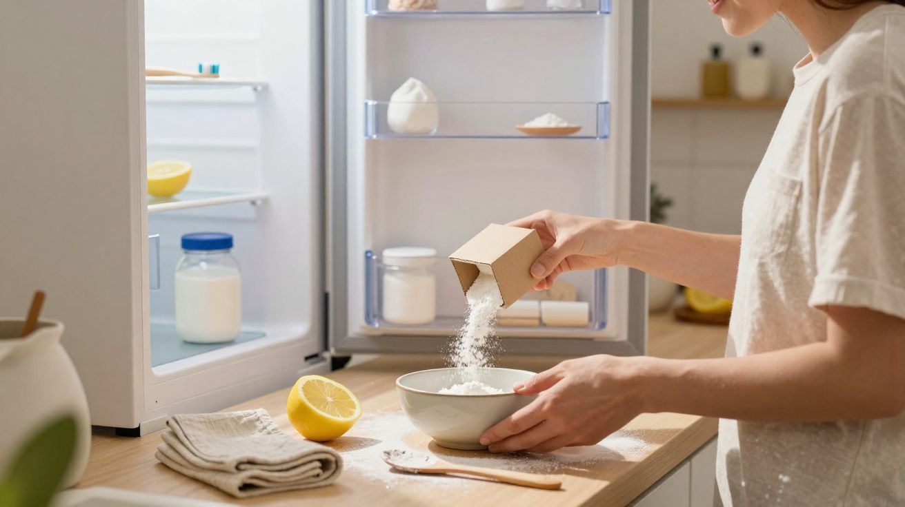 Pessoa a despejar farinha numa tigela numa cozinha moderna com frigorífico aberto.