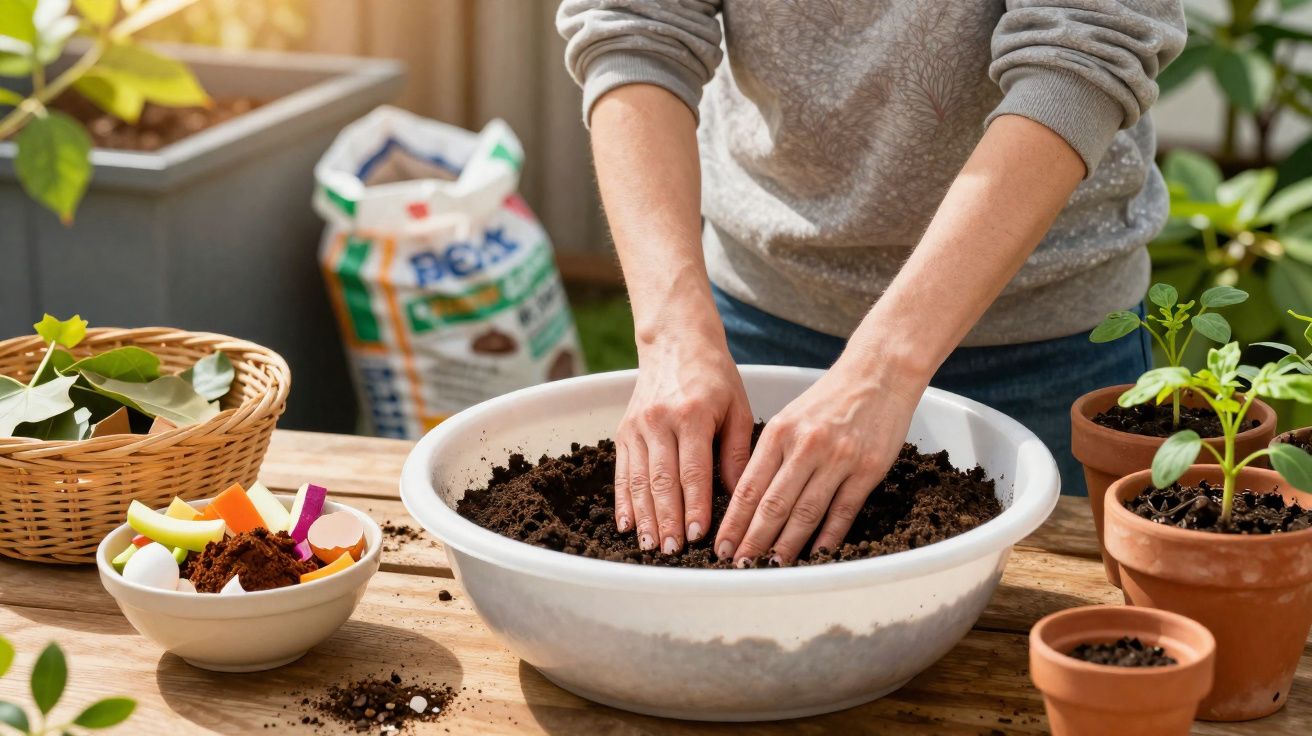 Pessoa a mexer terra num recipiente para plantar com plantas em vasos e compostagem na mesa.