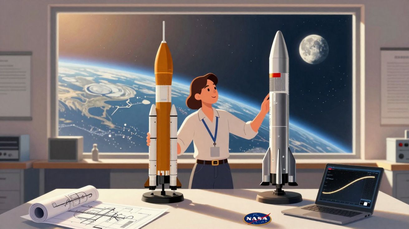 Mulher numa sala com modelos de foguetões, desenhos técnicos, computador e vista da Terra e Lua ao fundo.