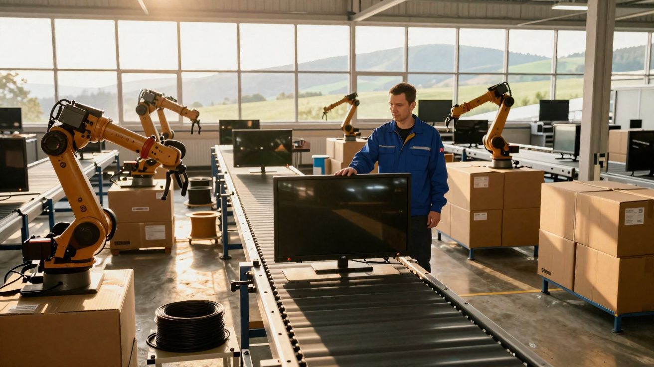 Homem a trabalhar numa linha de montagem automatizada com braços robóticos e televisores numa fábrica iluminada natural.