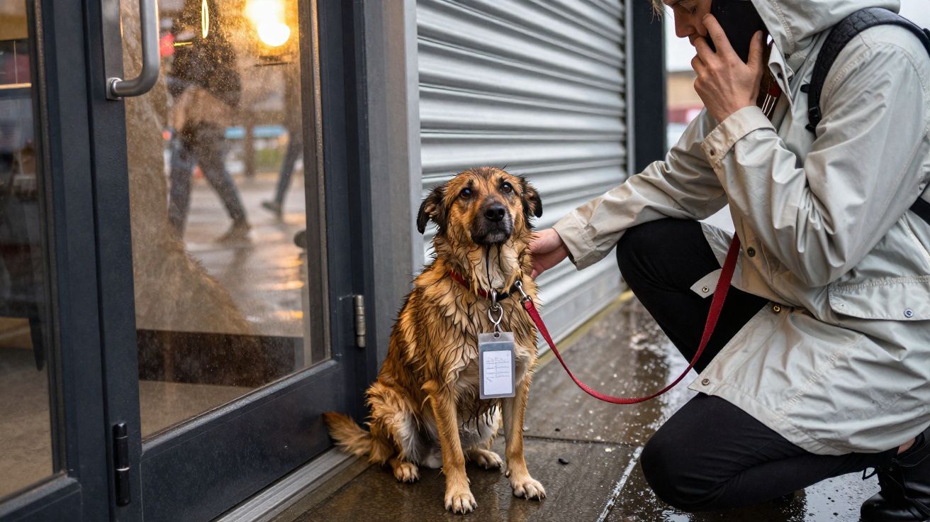 Cão molhado sentado na calçada junto a pessoa de impermeável que fala ao telemóvel e o acaricia.