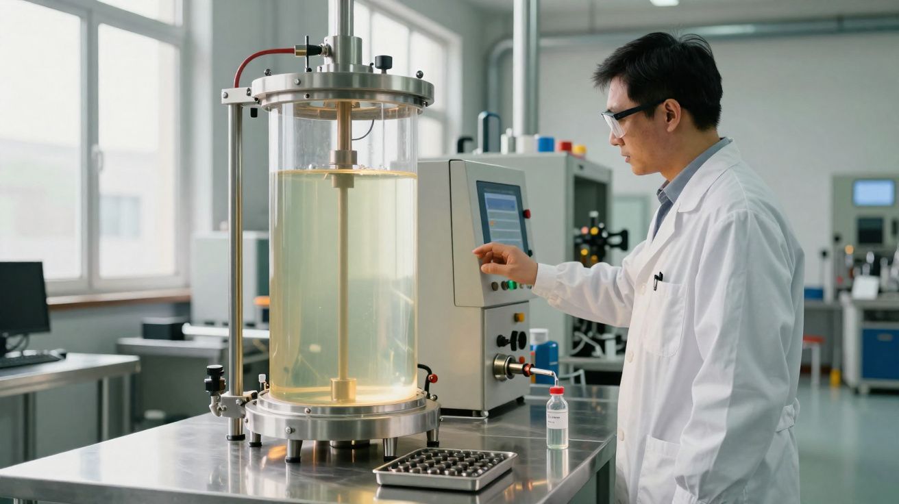 Cientista controla equipamento num laboratório moderno com líquido em grande cilindro transparente.