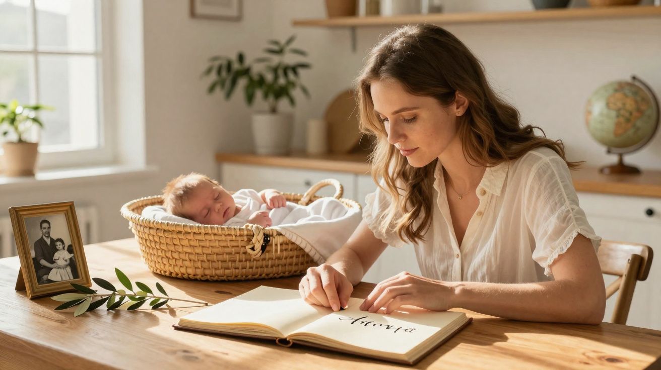 Mulher lê livro de memórias ao lado de bebé adormecido em cesta numa sala iluminada e acolhedora.