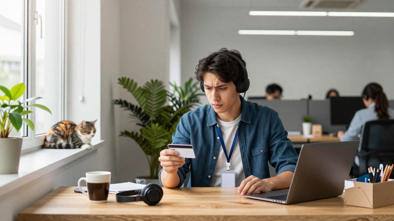 Homem com auscultadores a olhar para cartão numa mesa com portátil, gato na janela e outras pessoas ao fundo.