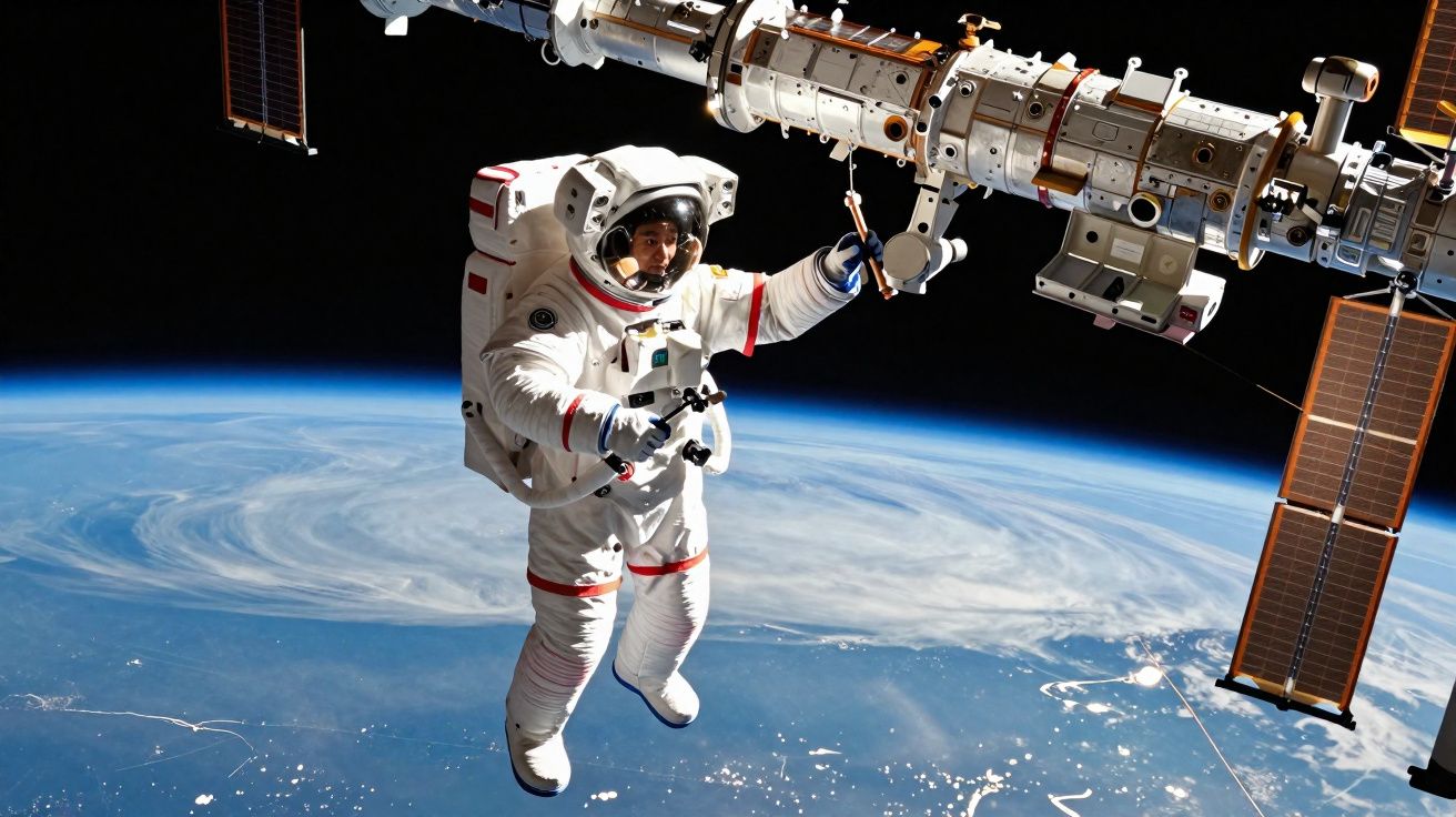 Astronauta em fato espacial a trabalhar fora da Estação Espacial Internacional com a Terra ao fundo.