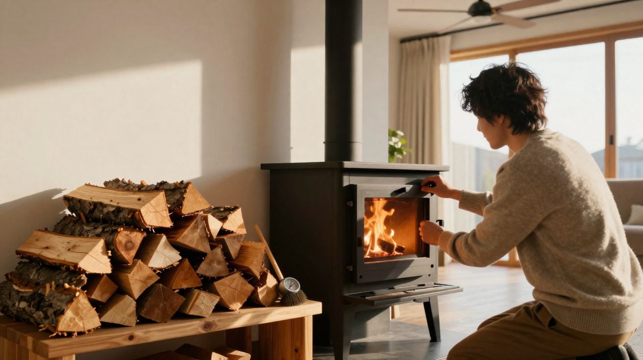 Pessoa acende fogo numa salamandra dentro de sala com grande janela e lenha empilhada numa mesa.