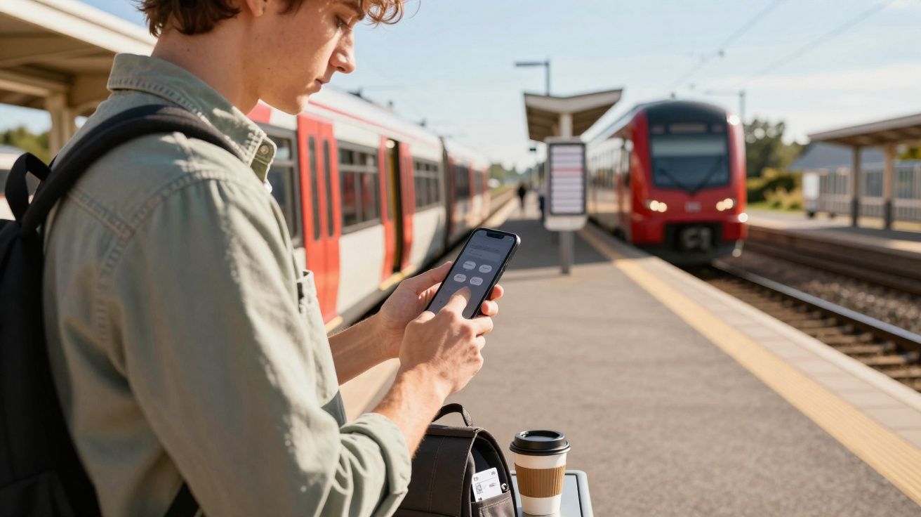 Jovem à espera de comboio numa estação, usando telemóvel, com mochila e café num banco.