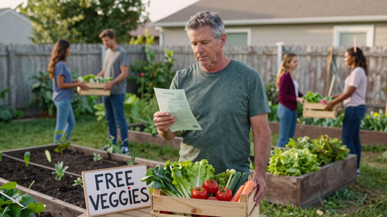 Homem com caixa de legumes frescos lê folheto em jardim comunitário com plantas e outras pessoas ao fundo.