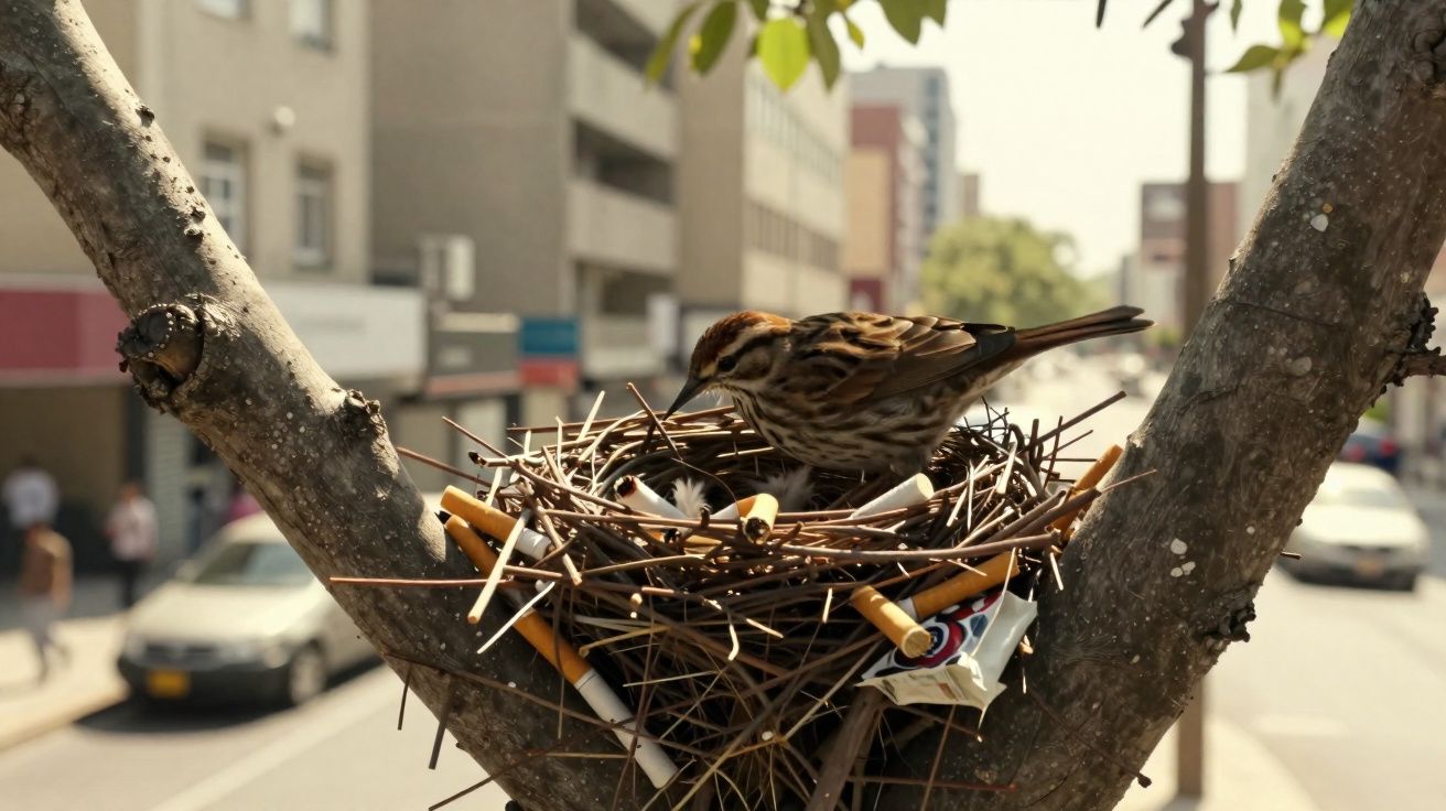 Pássaro num ninho feito de paus e beatas numa árvore junto a uma rua com edifícios e carros ao fundo.