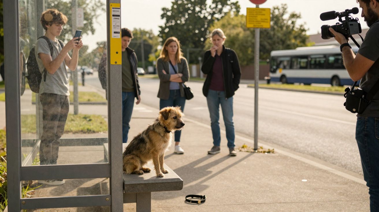 Cão sentado numa paragem de autocarro enquanto pessoas e um homem com câmara filmam o momento.