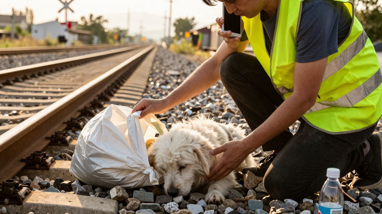 Homem com colete refletor a salvar cão preso nos carris de comboio junto a saco e garrafa de plástico.