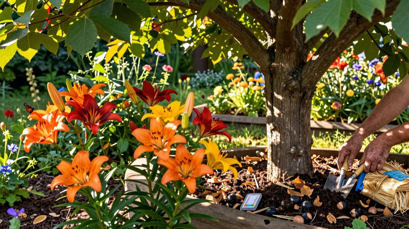 Pessoa a jardinar junto a uma árvore, flores coloridas e ferramentas em cama de cultivo num jardim ensolarado.