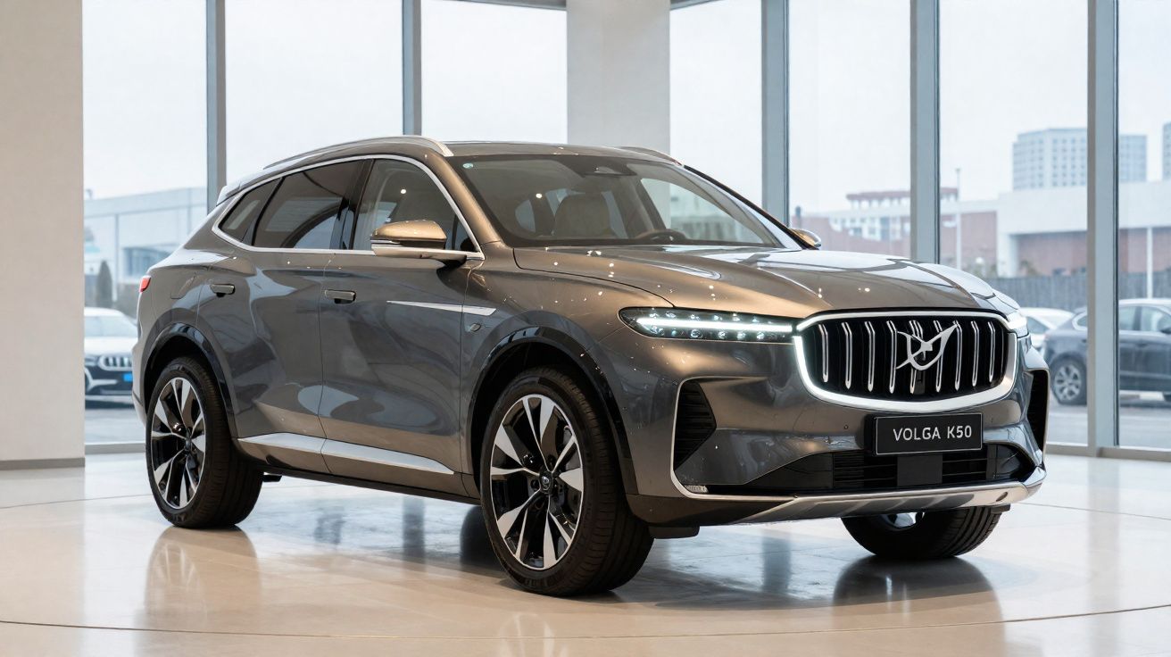 SUV cinzento com design moderno, faróis LED e jantes grandes, estacionado num salão de exposição.