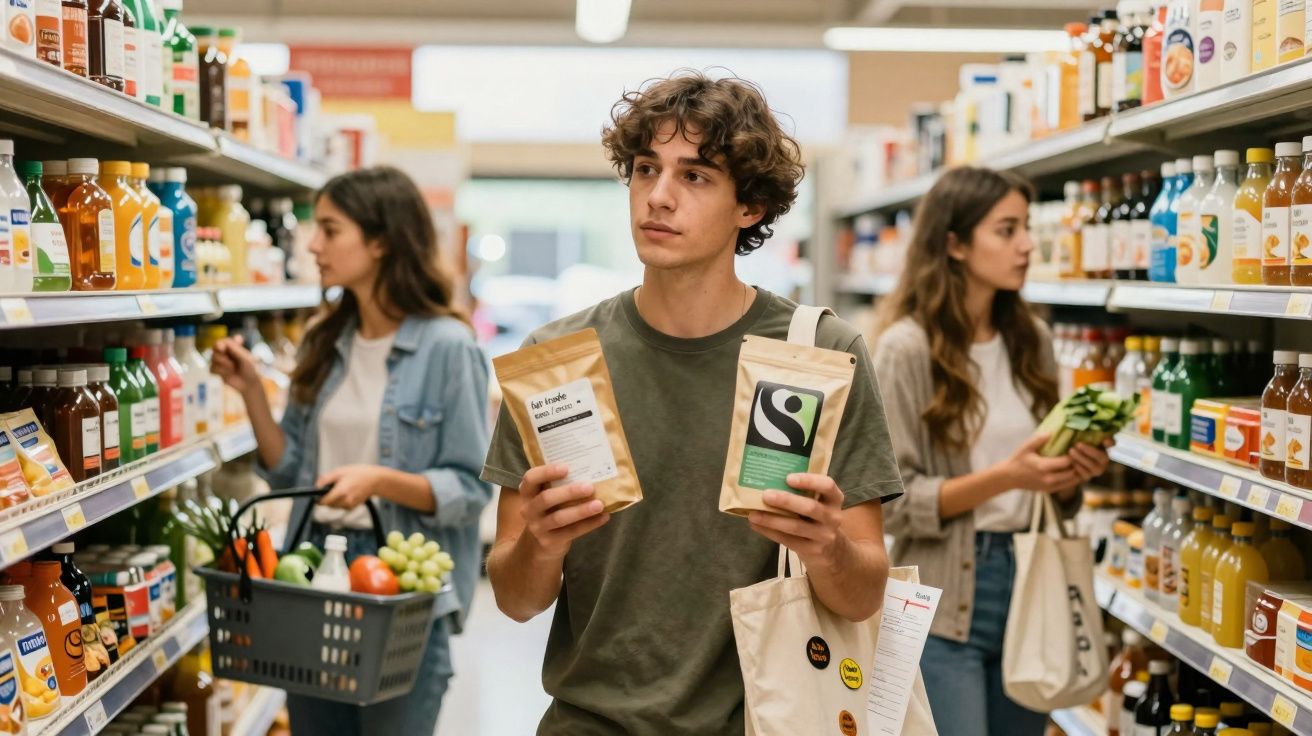 Jovem a analisar dois pacotes em corredor de supermercado, com duas mulheres a fazer compras ao fundo.