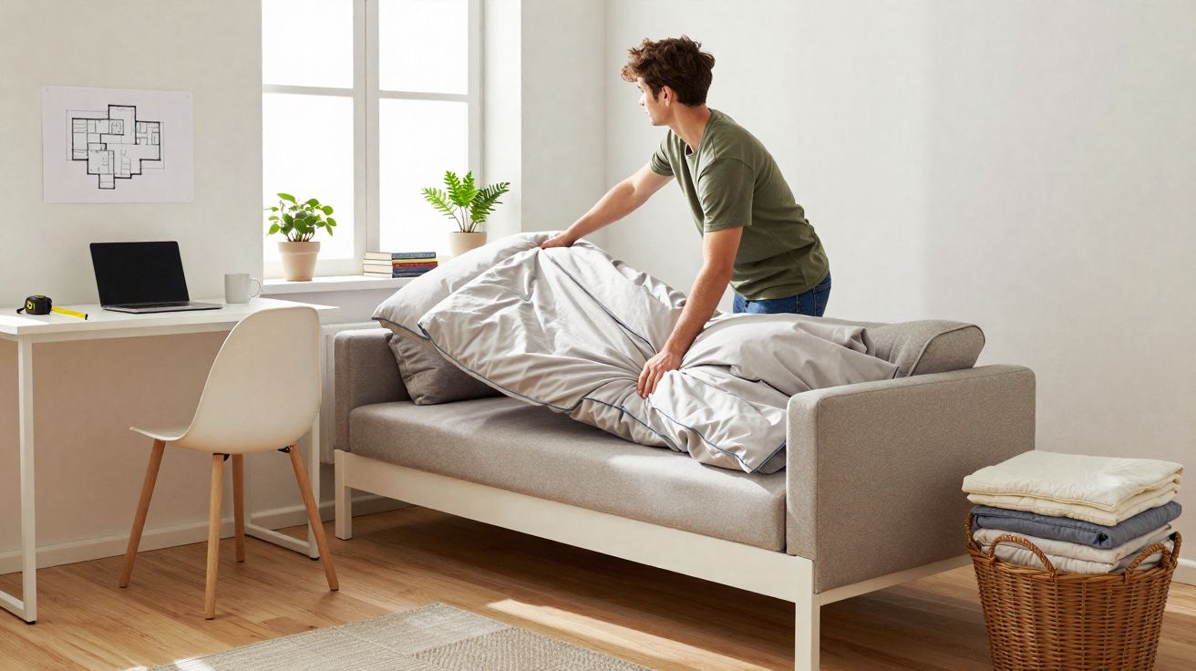 Homem a arrumar edredão num sofá-cama numa sala com secretária, cadeira e cesto de roupa dobrada.