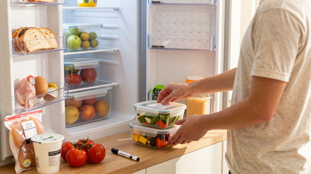 Pessoa a organizar recipientes de comida saudável numa bancada junto a frigorífico aberto com frutas e pão.