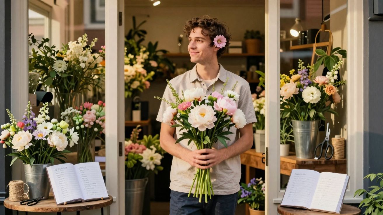 Jovem sorridente com flor no cabelo segurando ramo de flores em florista rodeado por arranjos florais variados.