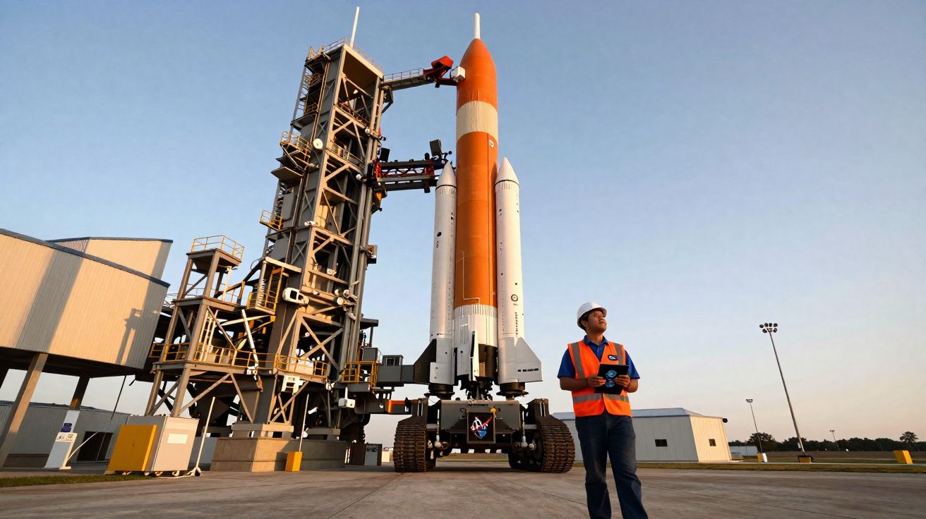 Foguete espacial na plataforma de lançamento com técnico de segurança em colete laranja ao lado, céu limpo ao pôr do sol.