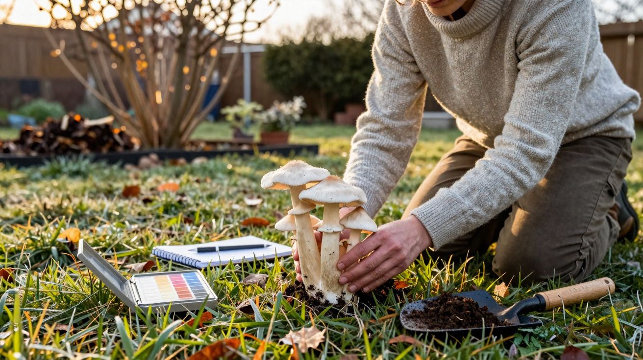 Pessoa a examinar cogumelos no jardim, com caderno, paleta de cores e enxada próximos na relva.