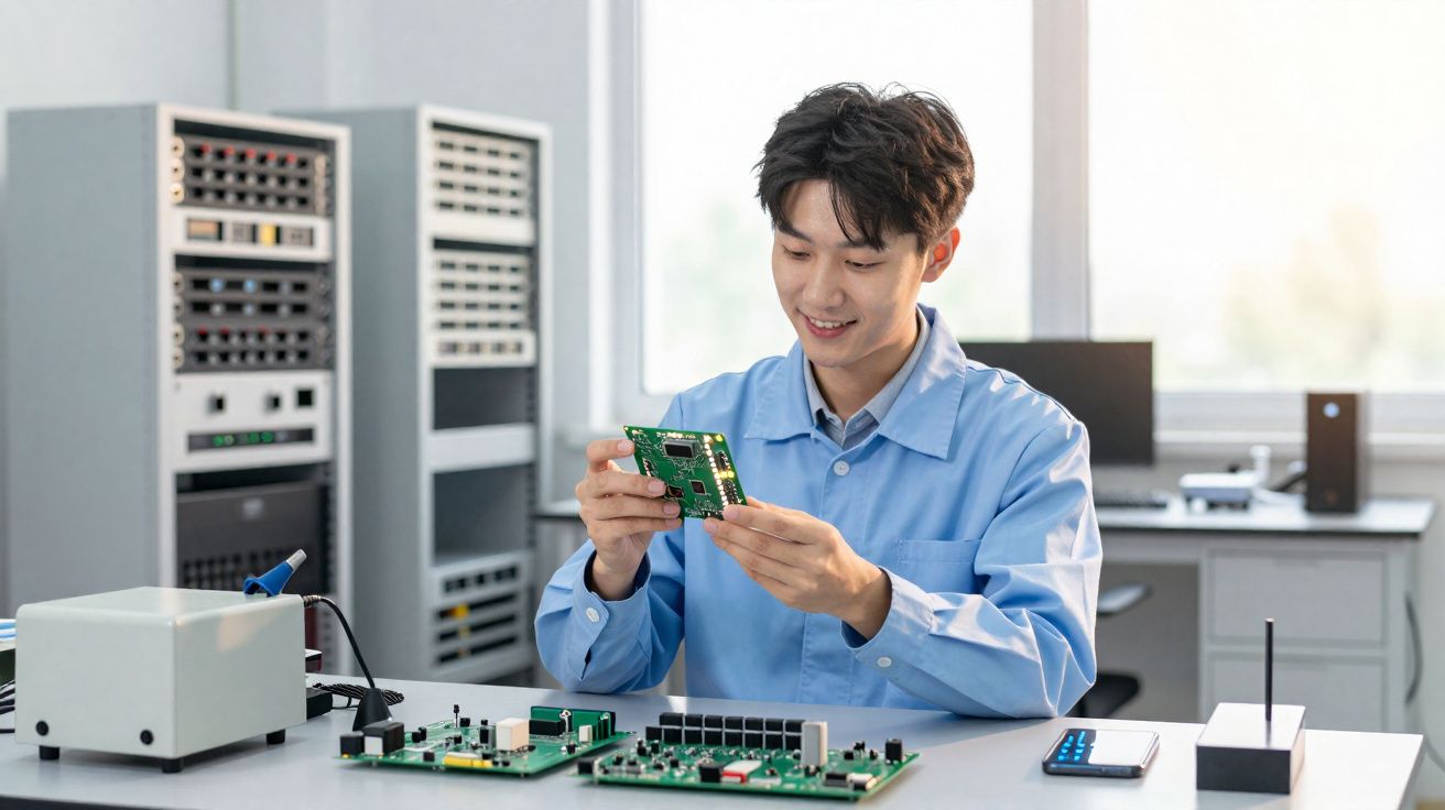Jovem técnico analisa placa eletrónica num laboratório de tecnologia com equipamentos e servidores ao fundo.