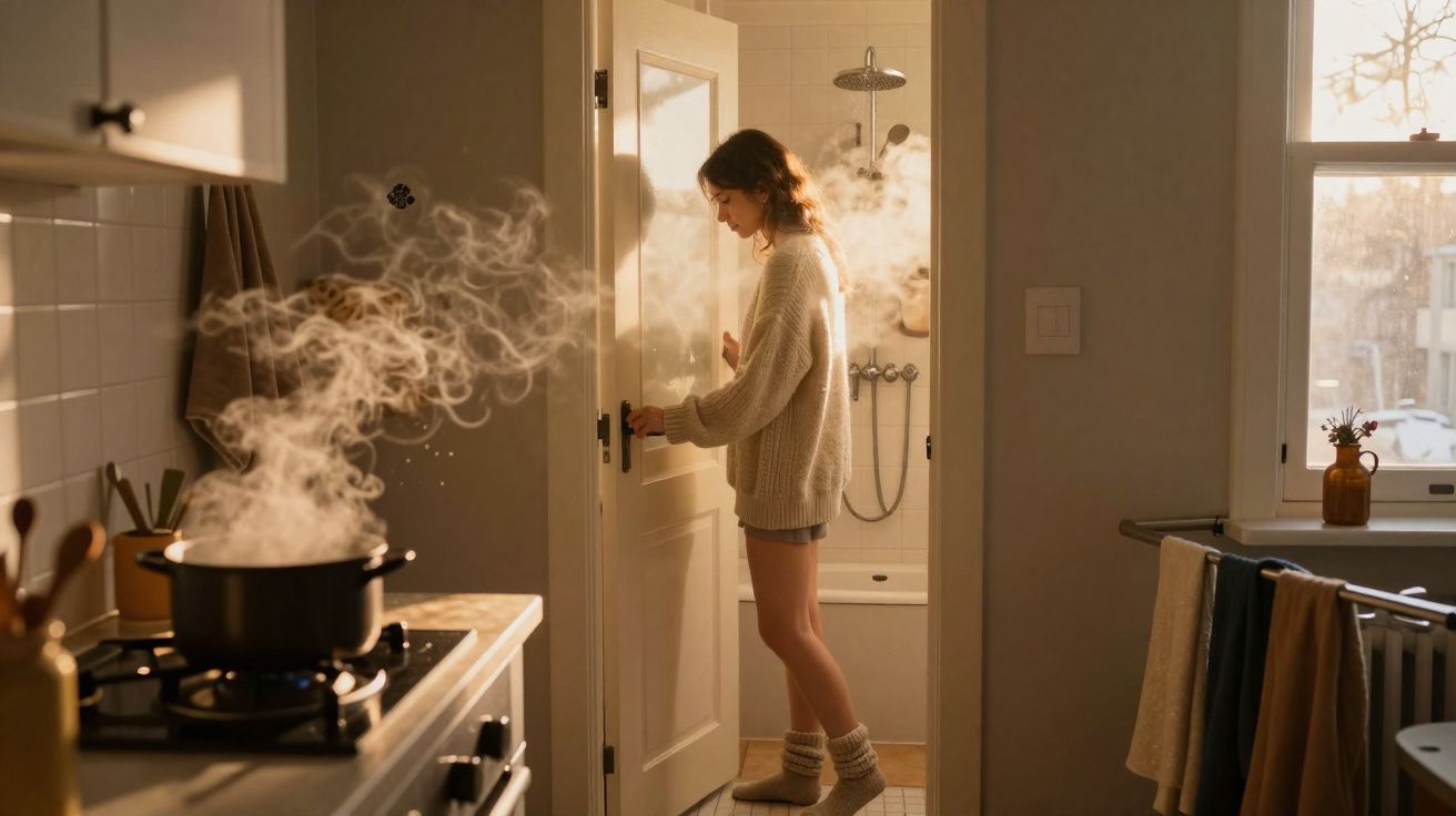 Mulher abre a porta da casa de banho numa manhã com luz natural, enquanto uma panela a ferver liberta vapor na cozinha.