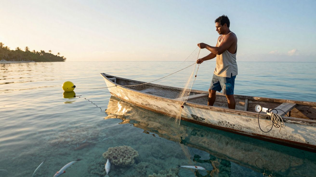 Homem pesca com rede desde pequena canoa em mar calmo ao amanhecer junto a corais e peixes visíveis.