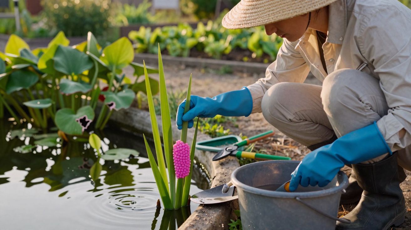 Pessoa de luvas e chapéu a cultivar plantas junto a um lago com ovos rosa presos numa folha.